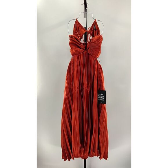 Strapless Pleated Satin Midi Dress in Burnt Orange - Picture 2 of 3
